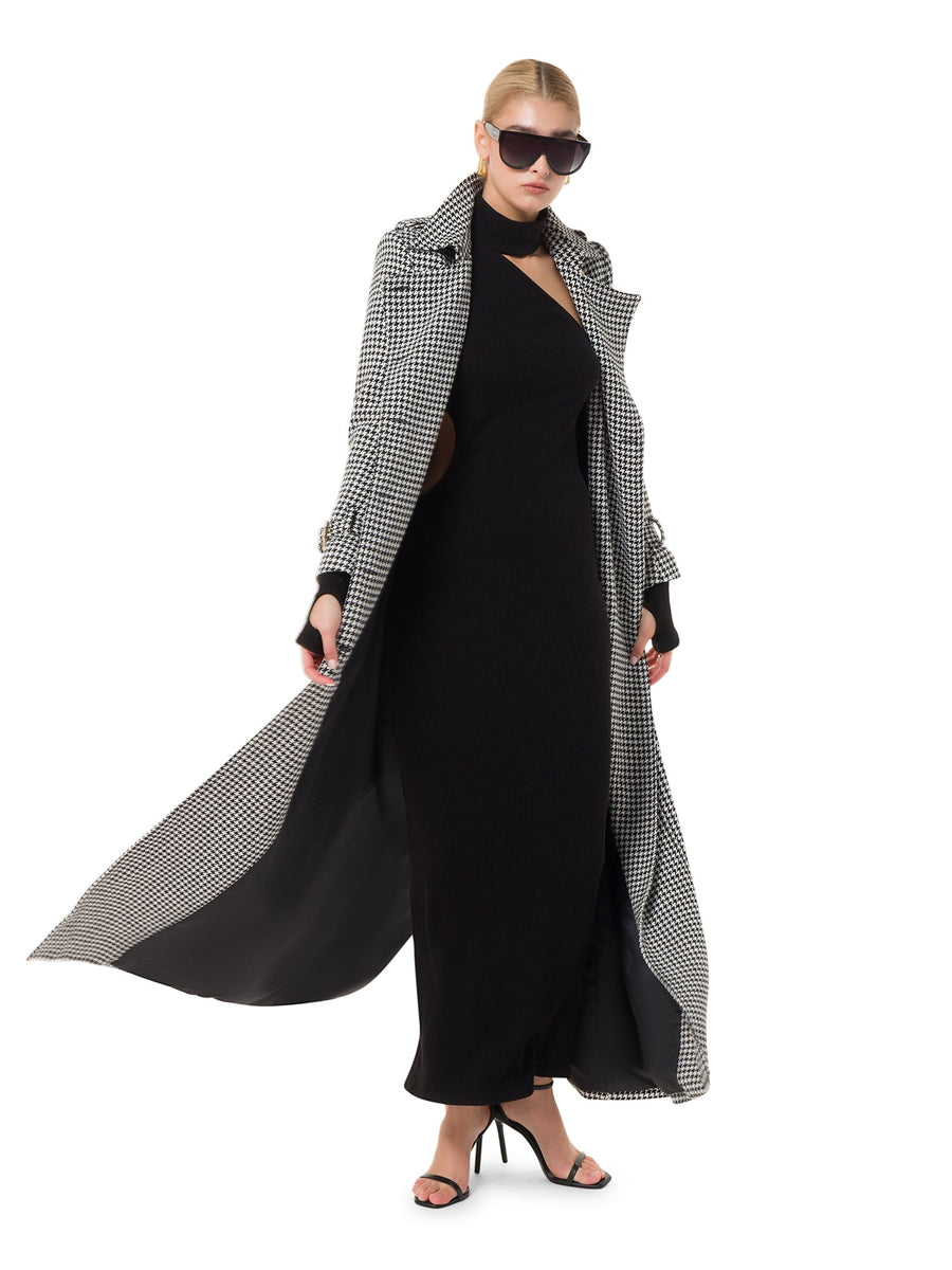 ALALYA Stella™ sculpted houndstooth trench coat in black and ivory – front view for women in UAE