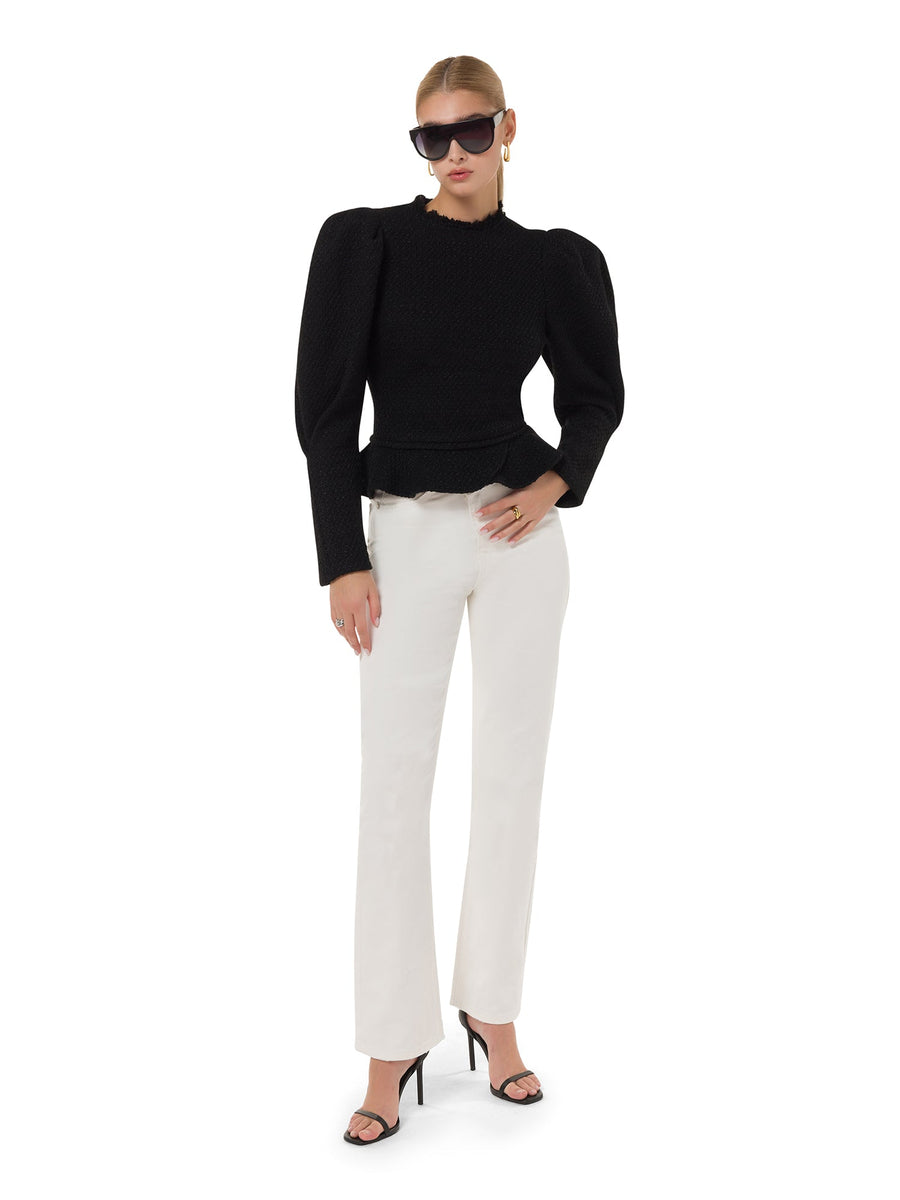 Luxury black puff sleeve sweater top with structured silhouette – ALALYA UAE