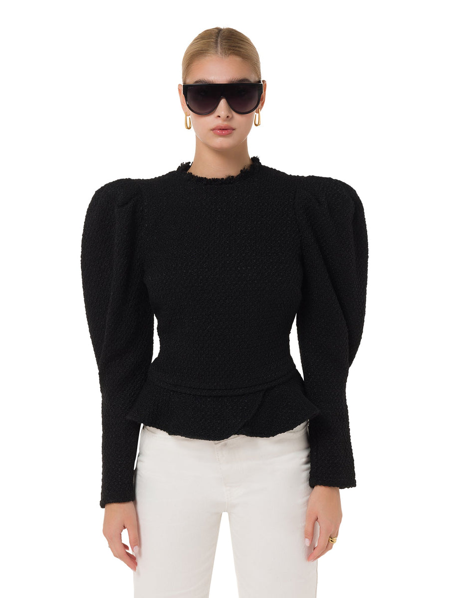 Black puff sleeve sculpted sweater top for women – ALALYA UAE