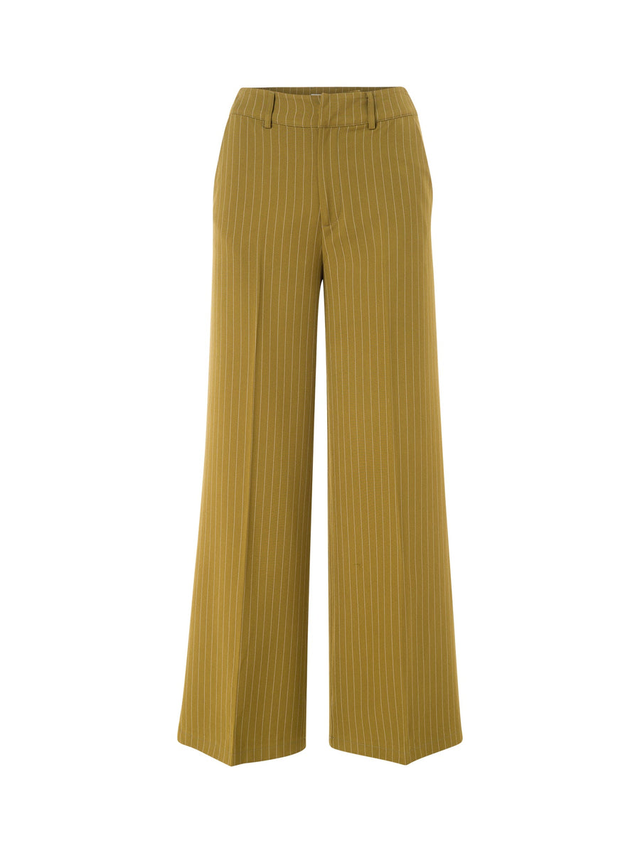 Flat lay of ALALYA moss green high-waisted flare trousers