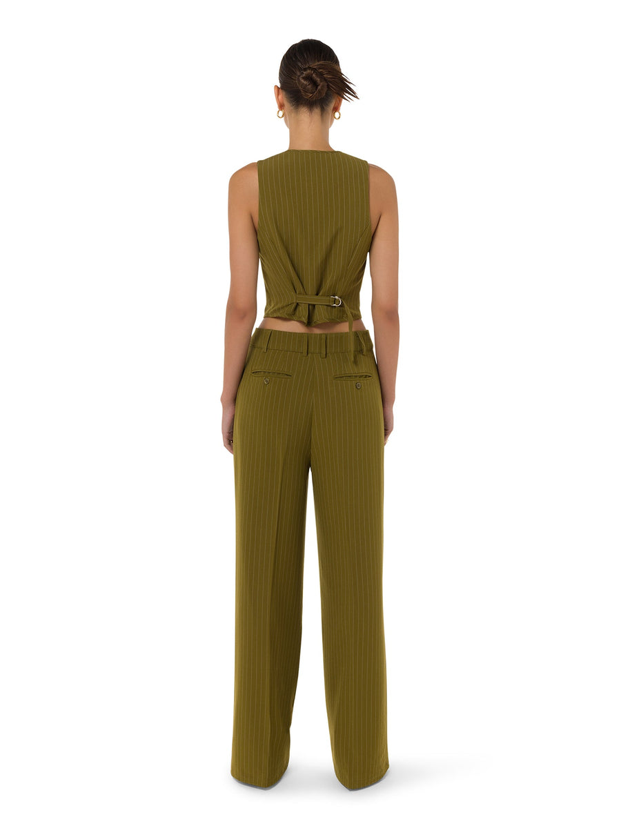  Back view of sculpted high-waist flare trousers in moss green – ALALYA