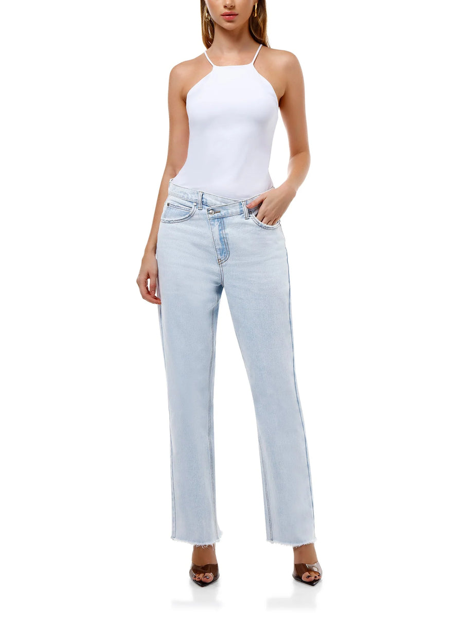 Mid Rise White Criss Cross Straight Leg Jeans for Women - Smart Jeans