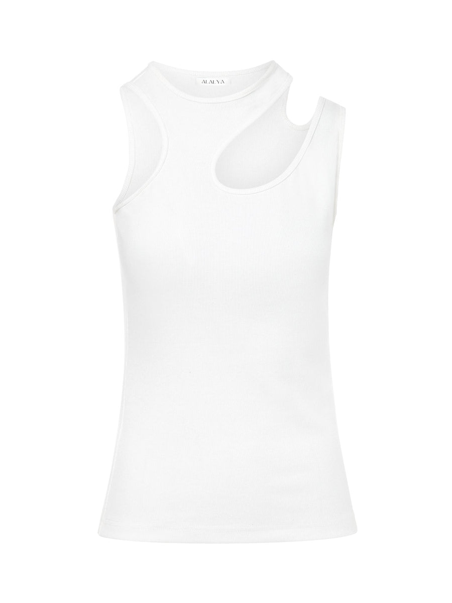 BreezeBliss Breathable Fitted White Cutout Cotton Tank Top - ALALYA