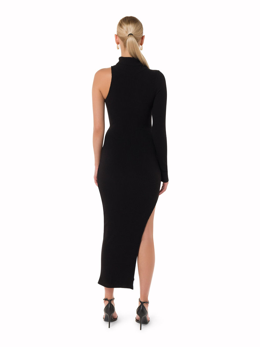 Full Sleeve Turtleneck Bodycon Slit Dress with Sultry High Slit in Black - ALALYA
