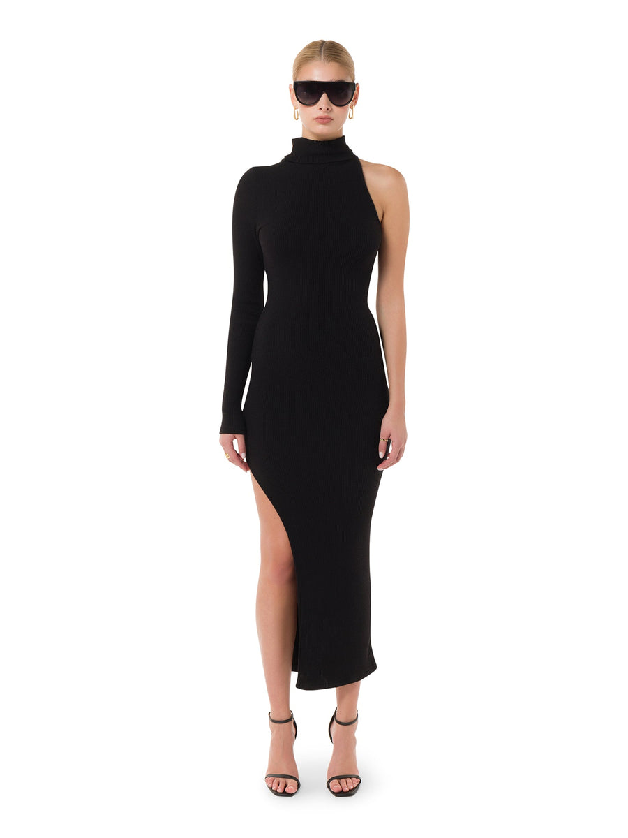 Full Sleeve Turtleneck Bodycon Slit Dress with Sultry High Slit in Black - ALALYA
