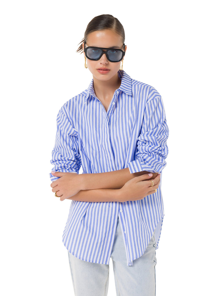 Gigi's Blue Stripes Oversized Women's Shirt - ALALYA
