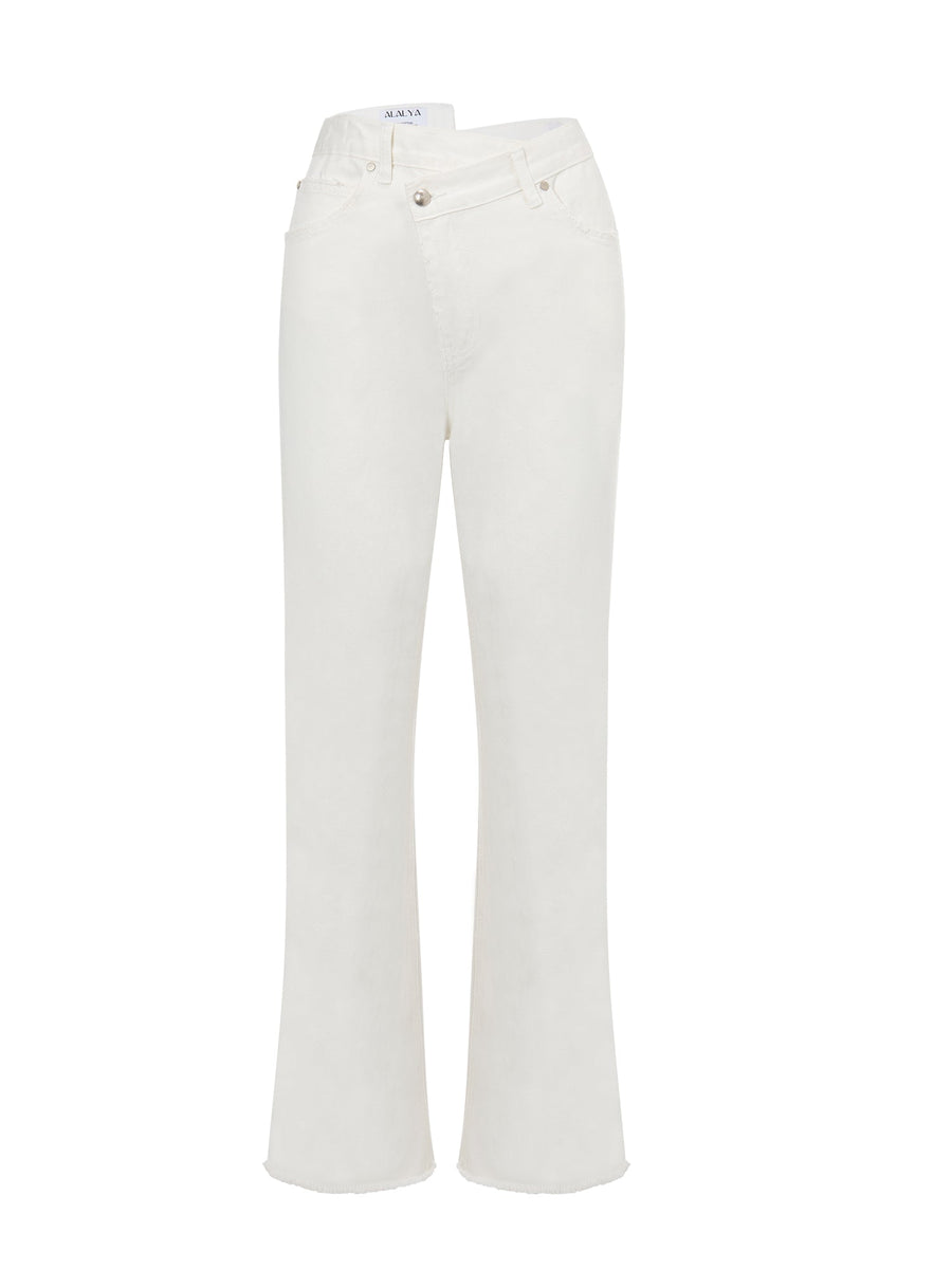 Mid Rise White Criss Cross Straight Leg Jeans for Women - Smart Jeans - ALALYA