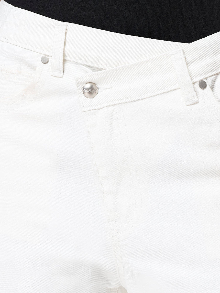 Mid Rise White Criss Cross Straight Leg Jeans for Women - Smart Jeans - ALALYA