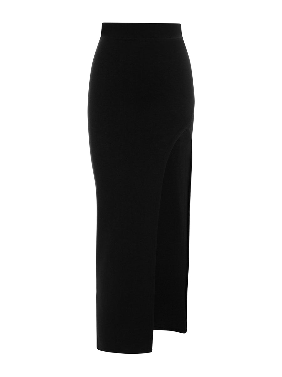 "Midnight Noir" Black High Waisted Maxi Skirt with Side Slit - ALALYA