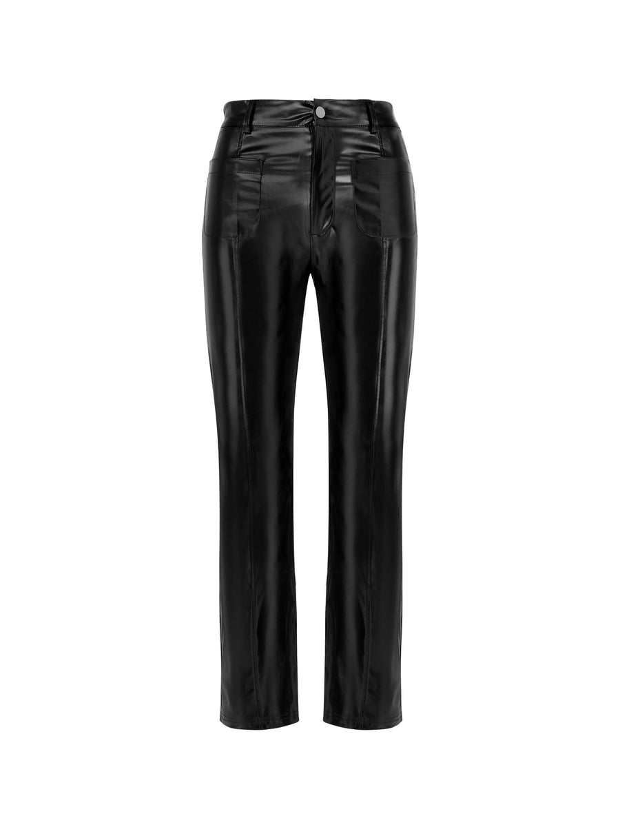 Noir Allure High - Waisted Black Vegan Leather Trousers - ALALYA