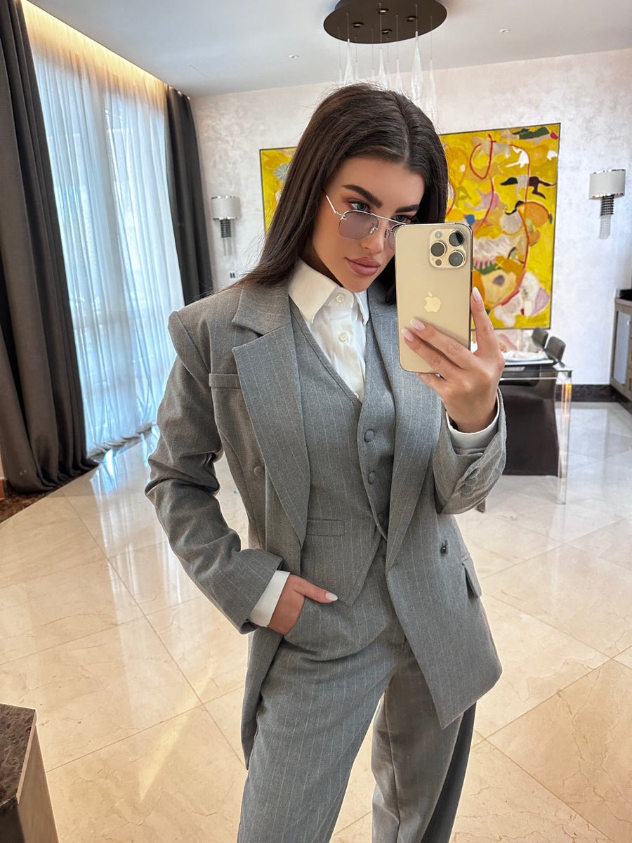 Parisian Charm Grey Striped Suit Vest - ALALYA
