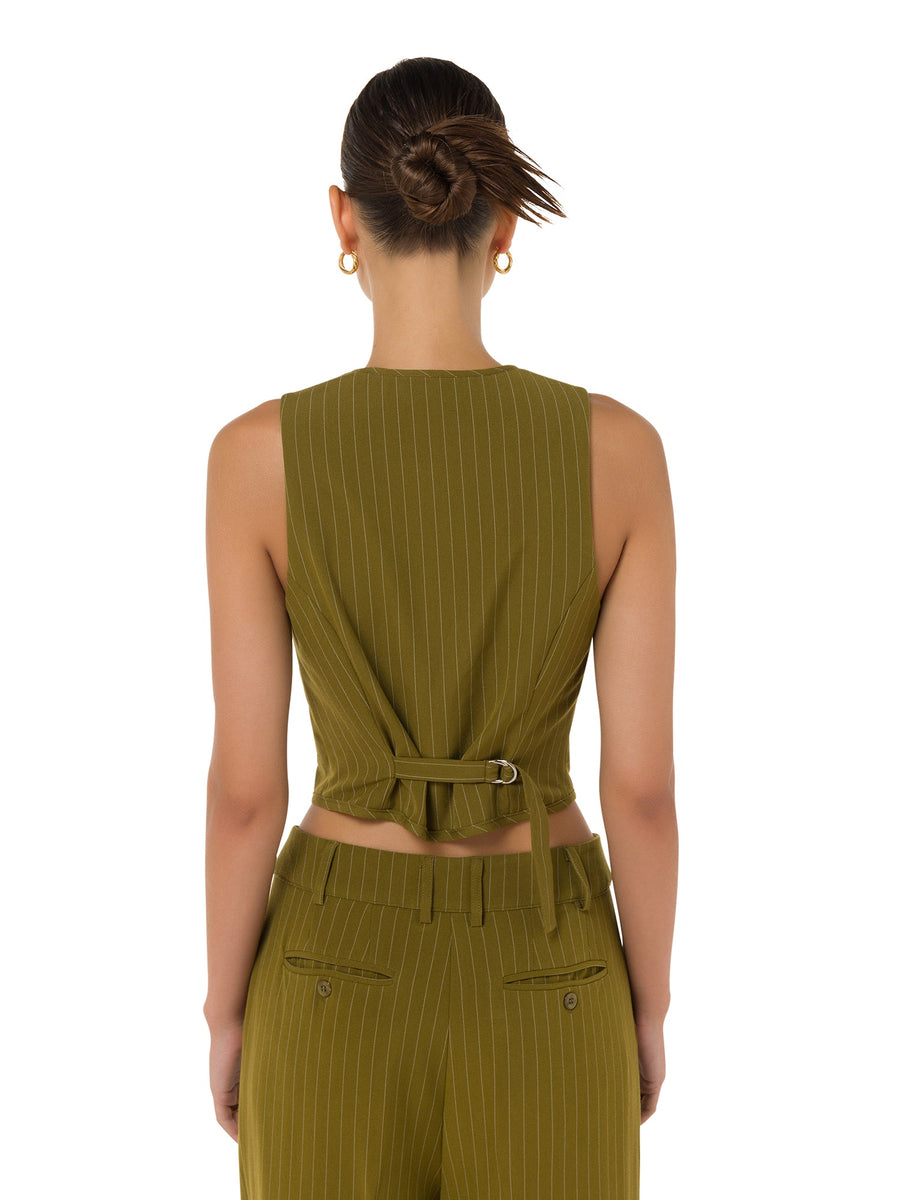 Royal Olive Green - Belted Sleeveless - Striped Suit Waistcoat" - Luxuriously Crafted, Effortlessly Stylish! - ALALYA