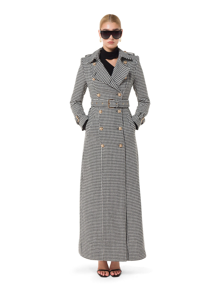 Stella™ houndstooth trench coat in black and ivory – ALALYA UAE – front view