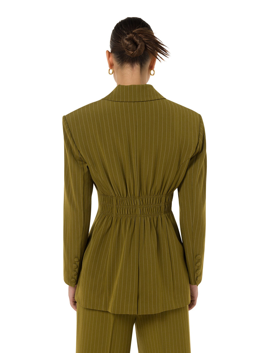 Back view of ALALYA Verde Sculpt™ moss green tailored blazer – structured waist detail
