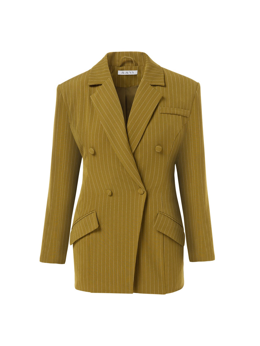 Moss green hourglass blazer front view – ALALYA Verde Sculpt™ double-breasted women’s blazer UAE