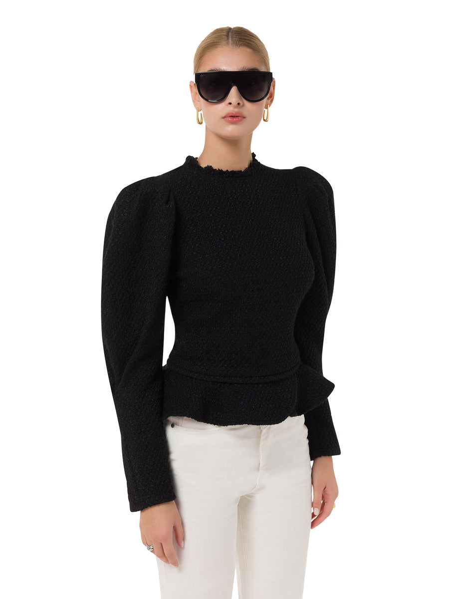 'Versatile Elegance': Classic Black Puff Sleeve Sweater Top - ALALYA