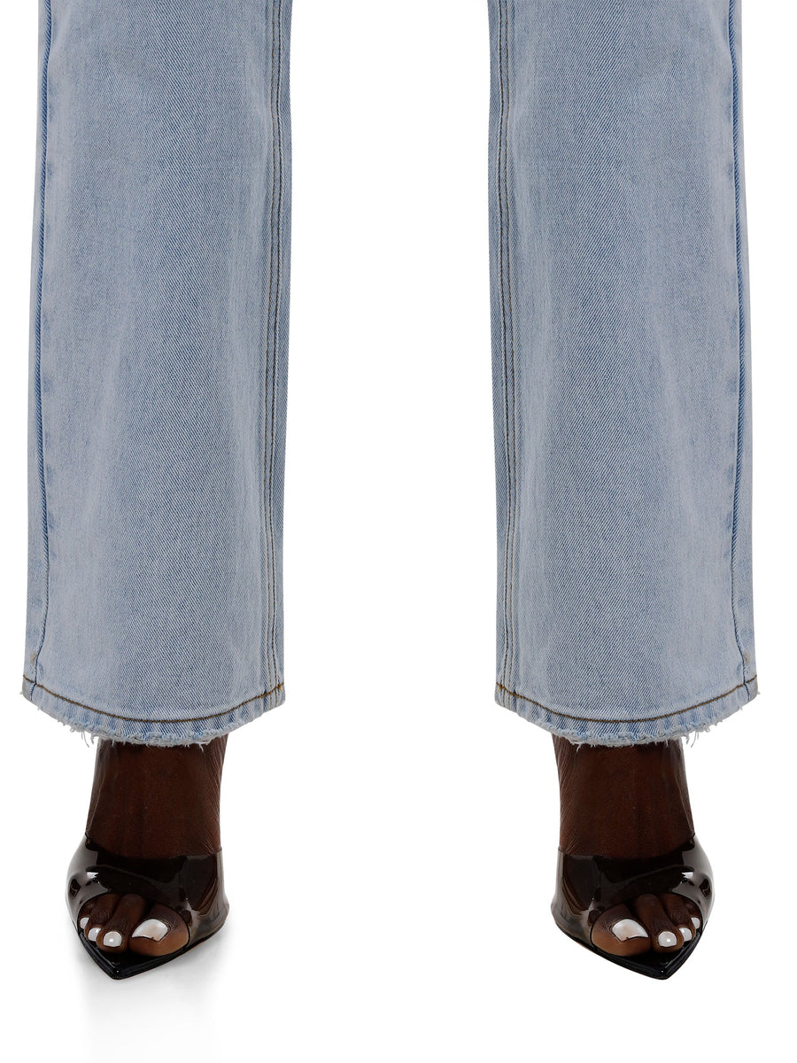 Women's Blue Criss Cross Straight Leg Denim Jeans with Smart Waistband - Smart Jeans - ALALYA