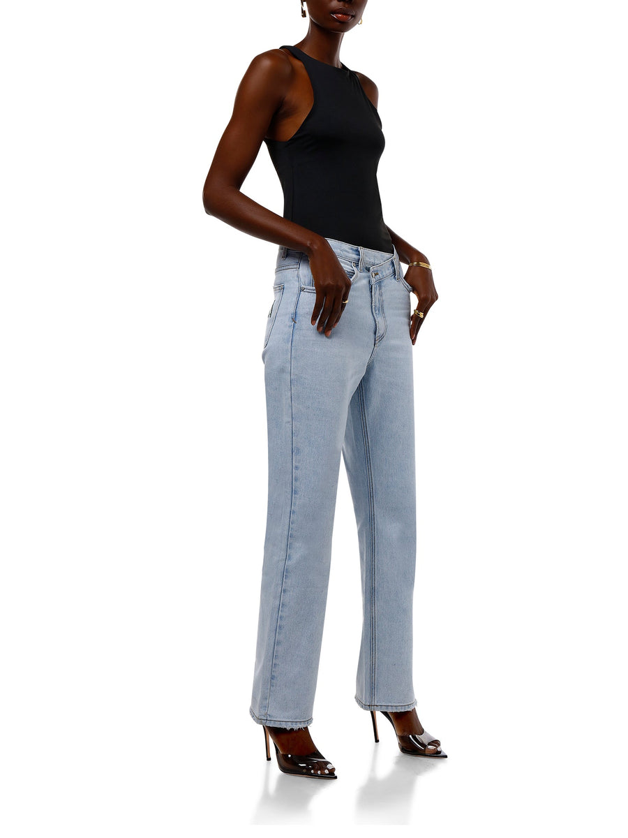 Women's Blue Criss Cross Straight Leg Denim Jeans with Smart Waistband - Smart Jeans - ALALYA