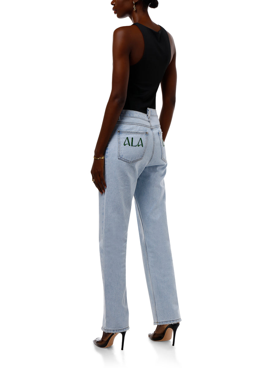 ALALYA Women's Blue Criss Cross Straight Leg Jeans with Smart Waistband